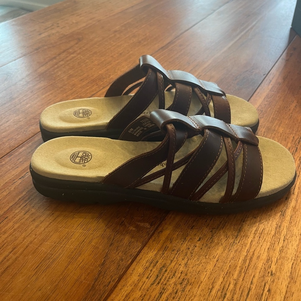 NWT Timberland Brown Leather Marquette Thong Slide On Sandals Women's 8 - Picture 5 of 7